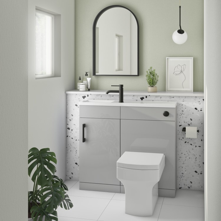 900mm Grey Cloakroom Toilet and Sink Unit with Square Toilet and Black Fittings - Ashford