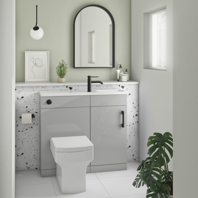 900mm Grey Cloakroom Toilet and Sink Unit with Square Toilet and Black Fittings - Ashford