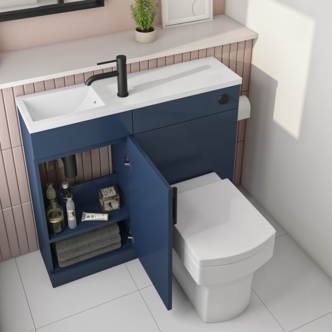 900mm Blue Cloakroom Toilet and Sink Unit with Square Toilet and Black Fittings - Ashford