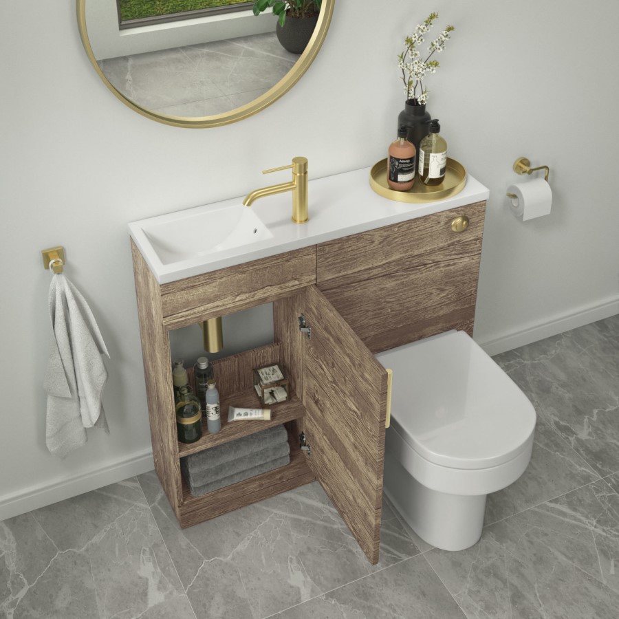 900mm Wood Effect Cloakroom Toilet and Sink Unit with Brass Fittings - Ashford