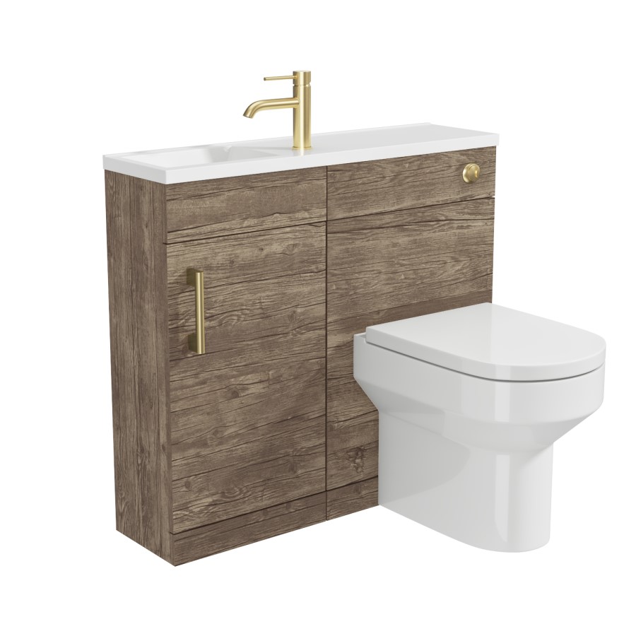 900mm Wood Effect Cloakroom Toilet and Sink Unit with Brass Fittings - Ashford