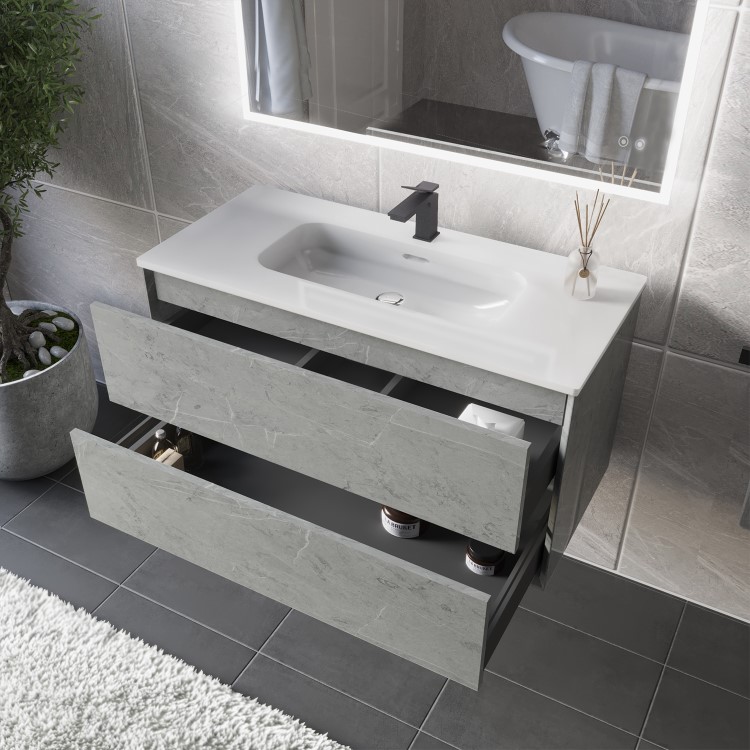 Grade A2 - 1000mm Stone Effect Wall Hung Vanity Unit with Basin - Arragon