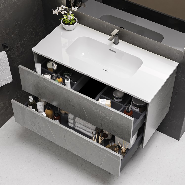 1000mm Concrete Effect Wall Hung Basin Vanity Unit with Cabinet and Mirror - Arragon