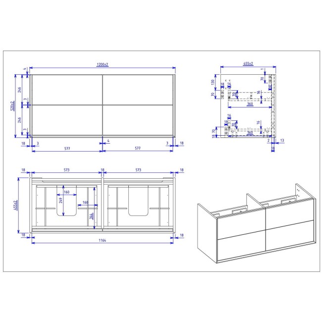 1200mm Concrete Effect Wall Hung Double Vanity Unit with Basin - Arragon