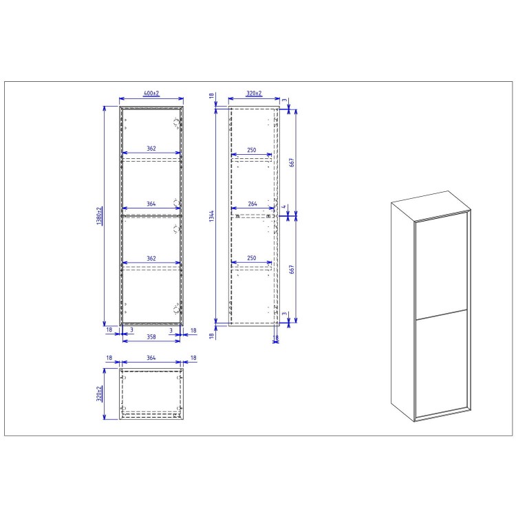 Double Door Concrete Effect Wall Mounted Tall Bathroom Cabinet 400 x 1380mm - Arragon