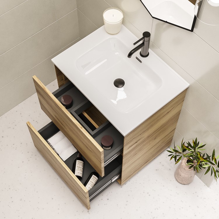 600mm Wood Effect Freestanding Vanity Unit with Basin - Roxbi