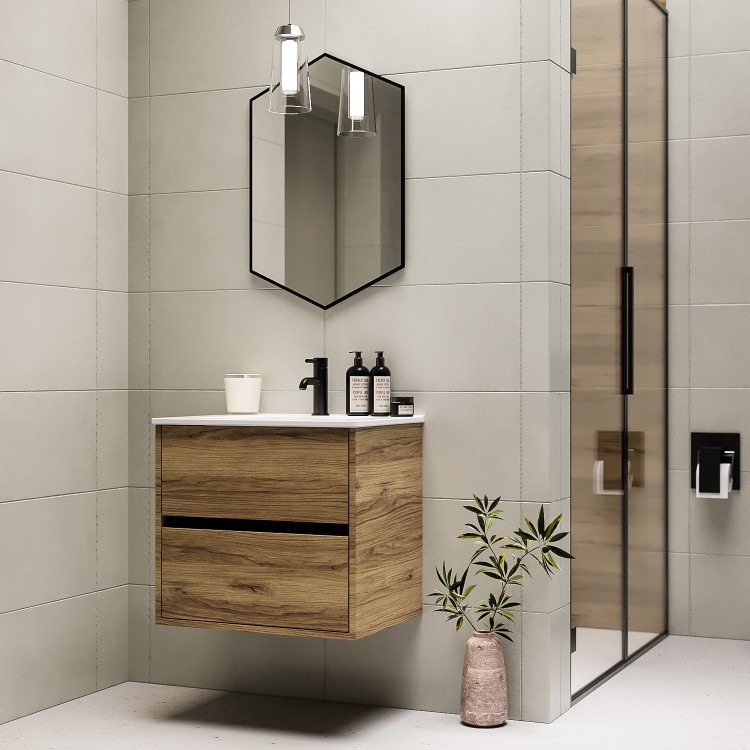 600mm Wood Effect Wall Hung Vanity Unit with Basin - Roxbi