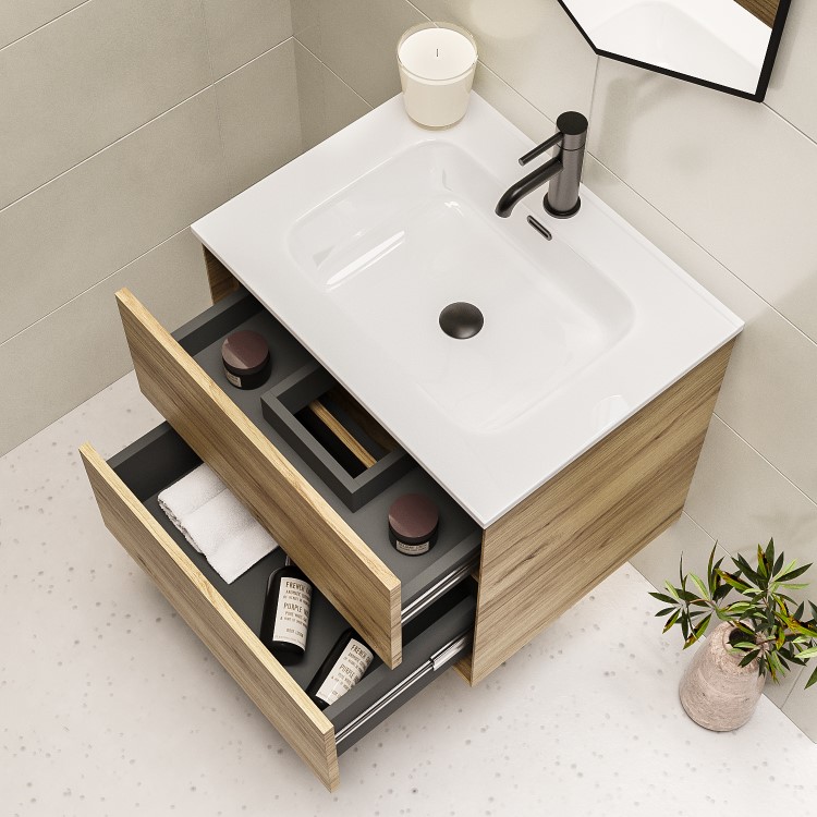 600mm Wood Effect Wall Hung Vanity Unit with Basin - Roxbi