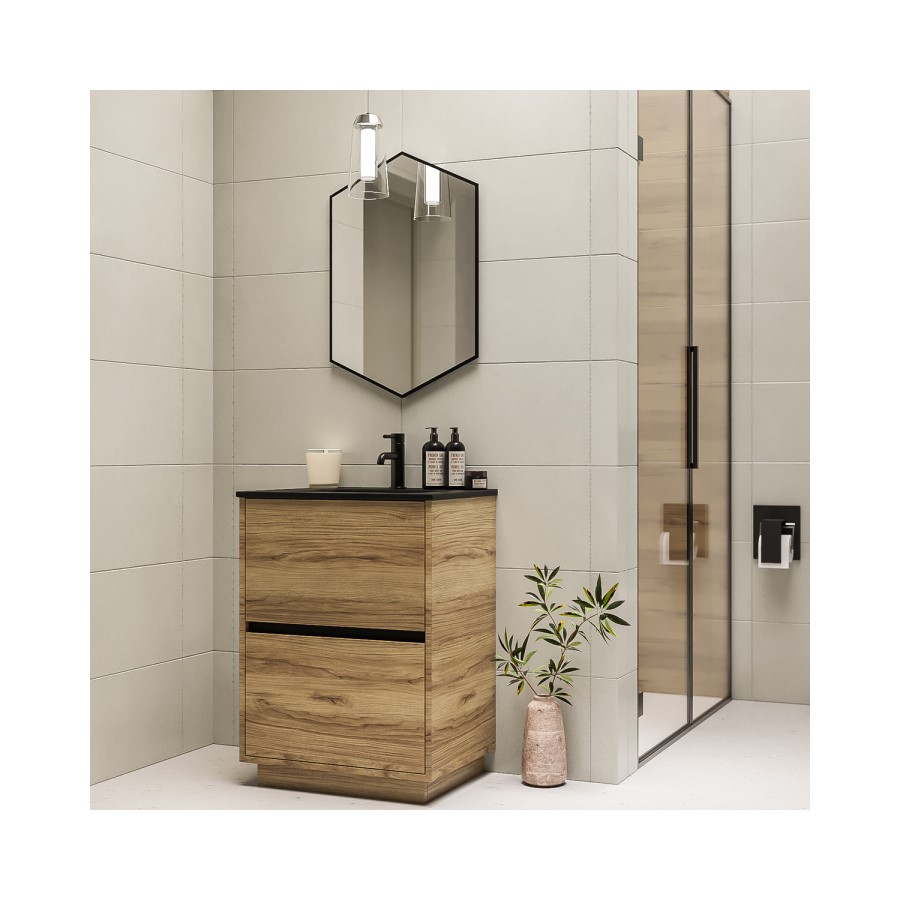 Grade A1 - 600mm Wood Effect Freestanding Vanity Unit with Matt Black Basin - Roxbi