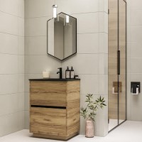 Grade A1 - 600mm Wood Effect Freestanding Vanity Unit with Matt Black Basin - Roxbi