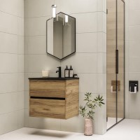 600mm Wood Effect Wall Hung Vanity Unit with Matt Black Basin - Roxbi 600mm Wood Effect Wall Hung Vanity Unit with Matt Black Basin - Roxbi