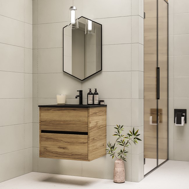 600mm Wood Effect Wall Hung Vanity Unit with Matt Black Basin - Roxbi