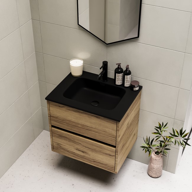 600mm Wood Effect Wall Hung Vanity Unit with Matt Black Basin - Roxbi