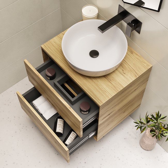 600mm Wood Effect Wall Hung Countertop Vanity Unit with Basin - Roxbi