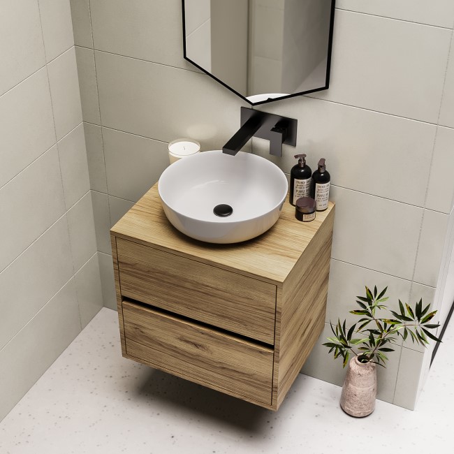 600mm Wood Effect Wall Hung Countertop Vanity Unit with Basin - Roxbi