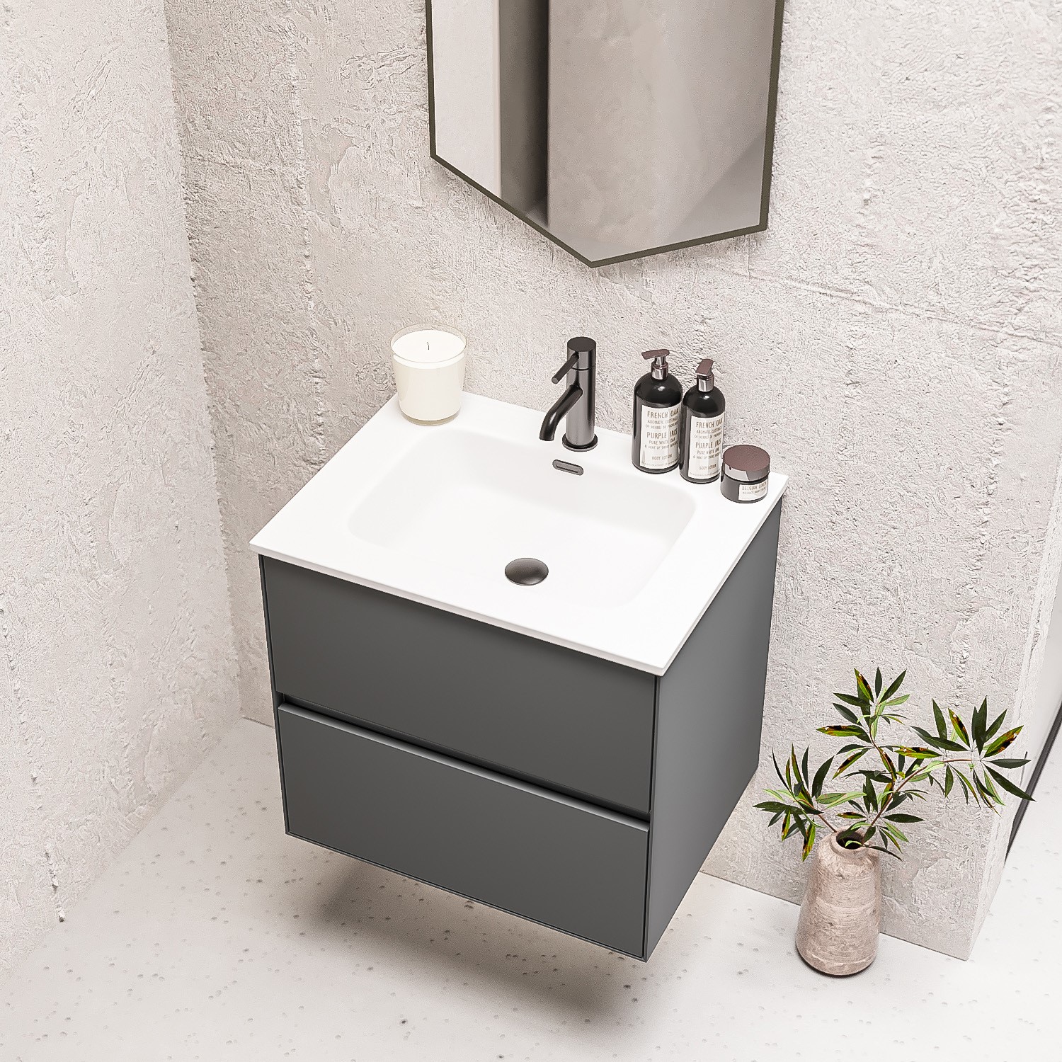 600mm Grey Wall Hung Vanity Unit with Matt White Basin Roxbi