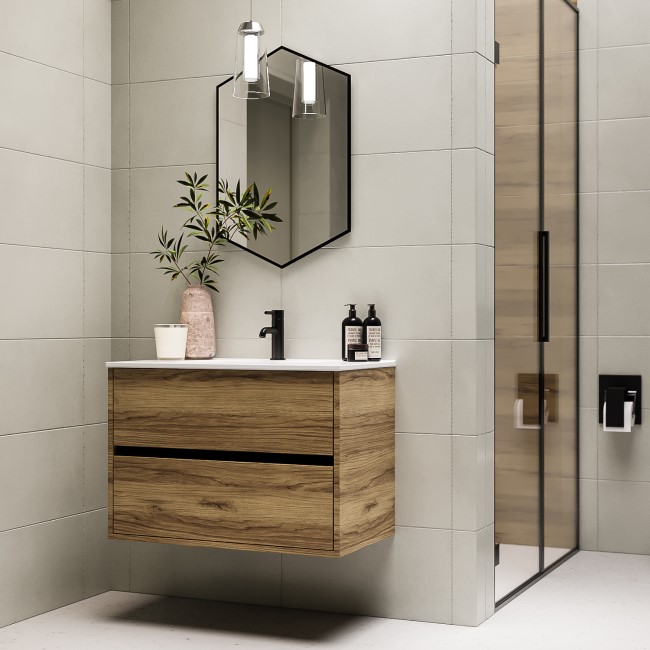 800mm Wood Effect Wall Hung Vanity Unit with Basin - Roxbi