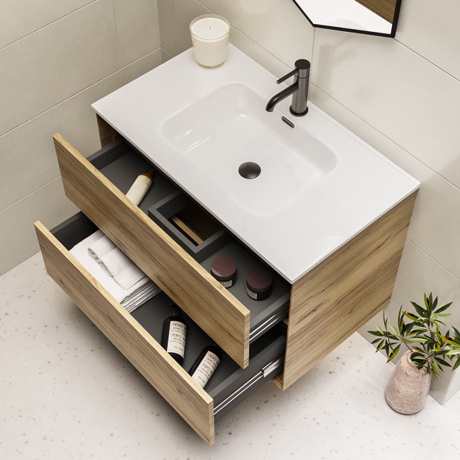 800mm Wood Effect Wall Hung Vanity Unit with Basin - Roxbi