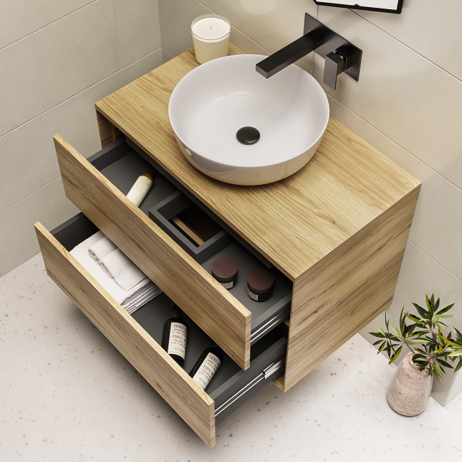 800mm Wood Effect Wall Hung Countertop Vanity Unit with Basin - Roxbi