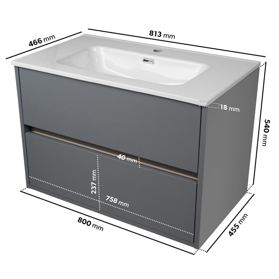 800mm Grey Wall Hung Vanity Unit with Basin - Roxbi