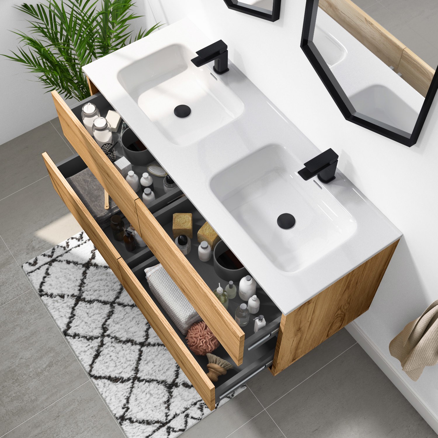 Grade A2 - 1200mm Wood Effect Wall Hung Double Vanity Unit With Basins ...