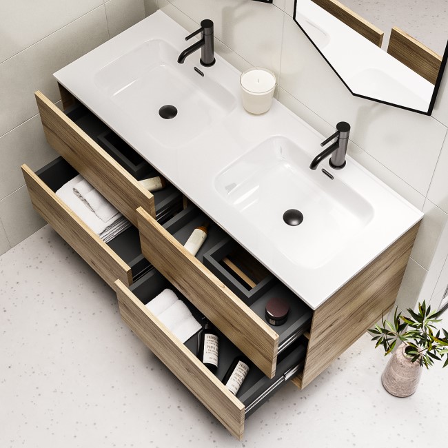 1200mm Wood Effect Wall Hung Double Vanity Unit with Basins - Roxbi