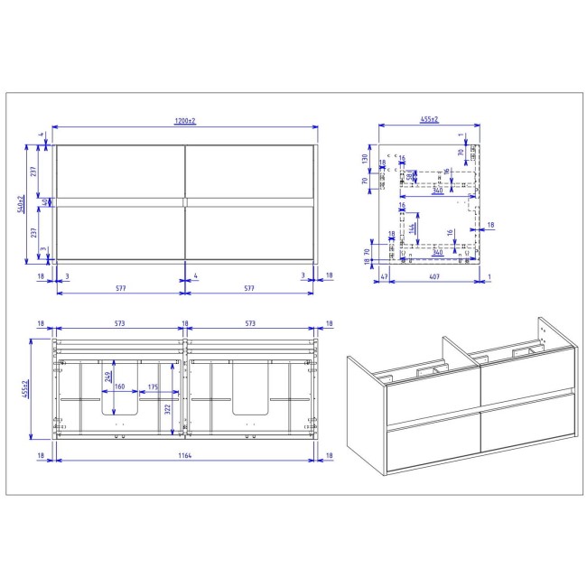 1200mm Wood Effect Wall Hung Double Vanity Unit with Basins - Roxbi