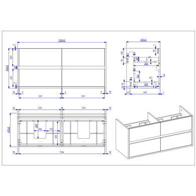 1200mm Grey Wall Hung Double Countertop Vanity Unit with Basin - Roxbi