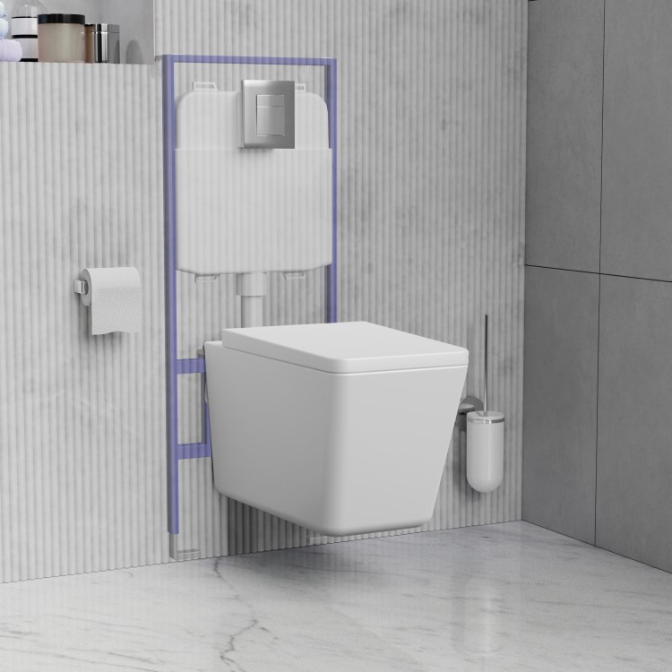 Grade A1 - White Wall Hung Toilet with Soft Close Seat Frame Cistern and Chrome Flush - Augusta