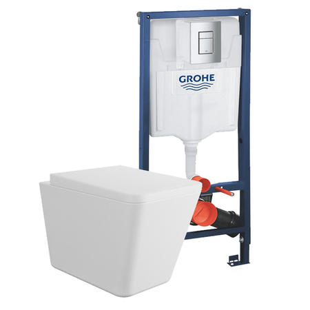 White Wall Hung Toilet with Soft Close Seat Frame Cistern and Chrome Flush - Augusta
