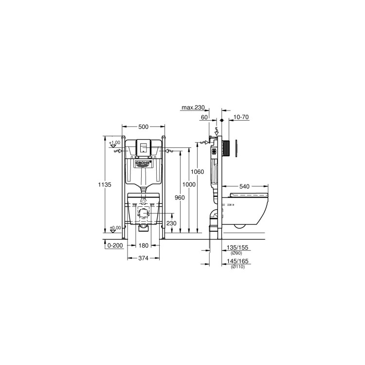 Grade A1 - White Wall Hung Toilet with Soft Close Seat Frame Cistern and Chrome Flush - Augusta