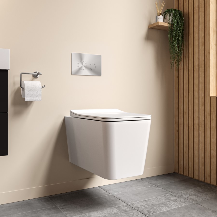 White Square Wall Hung Rimless Toilet with Soft Close Seat Cistern Frame and Chrome Flush - Augusta