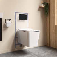 White Square Wall Hung Rimless Toilet with Soft Close Seat Cistern Frame and Black Flush - Augusta