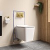 White Square Wall Hung Rimless Toilet with Soft Close Seat Cistern Frame and Brushed Brass Flush - Augusta