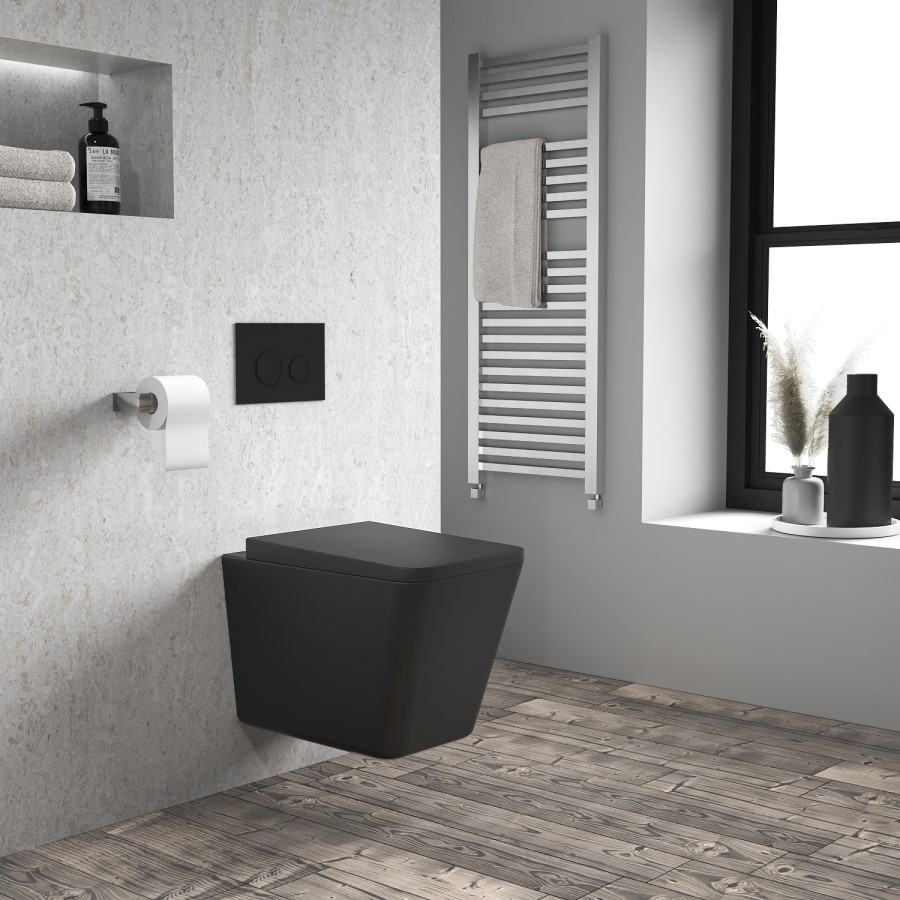 Grade A1 - Black Wall Hung Rimless Toilet and Soft Close Seat - Augusta