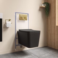 Black Square Wall Hung Rimless Toilet with Soft Close Seat Cistern Frame and Brushed Brass Flush - Augusta