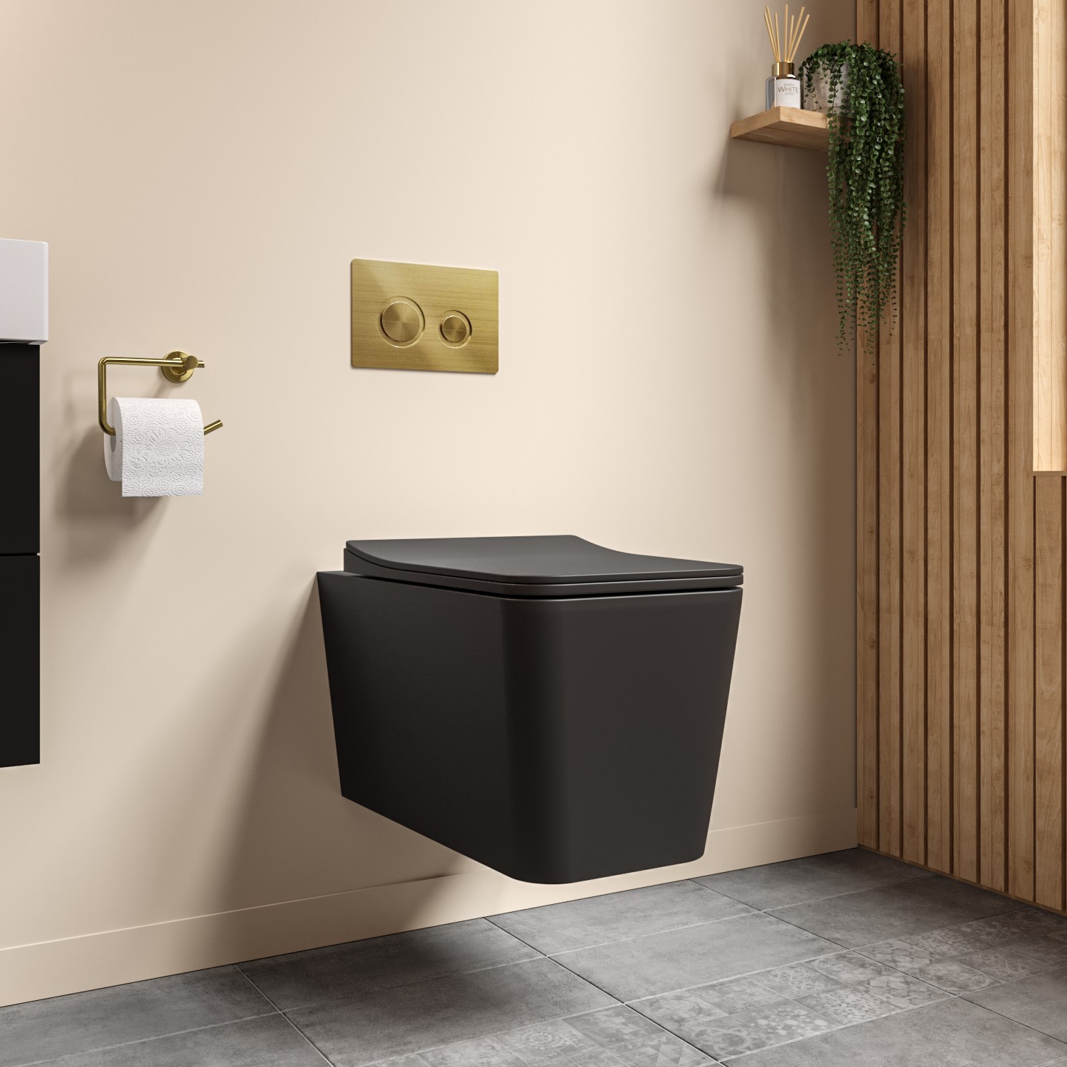 Black Square Wall Hung Rimless Toilet With Soft Close Seat Cistern