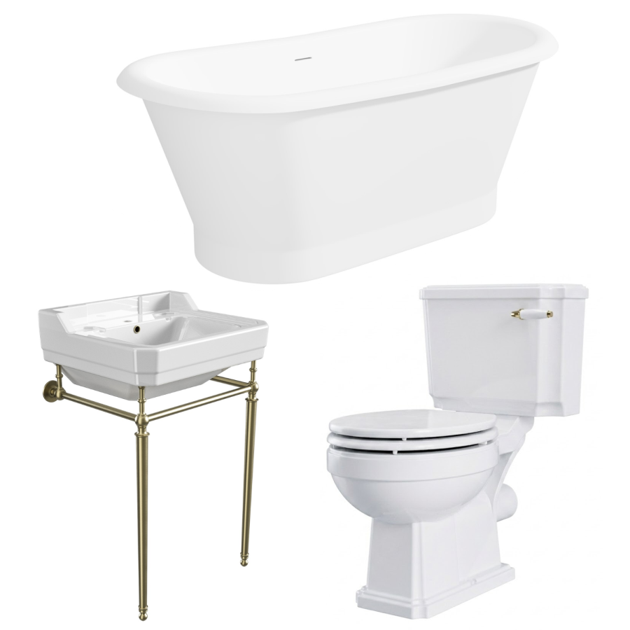 Traditional Freestanding Bath Suite with Toilet & Brass Wash Stand with Basin - Helmsley
