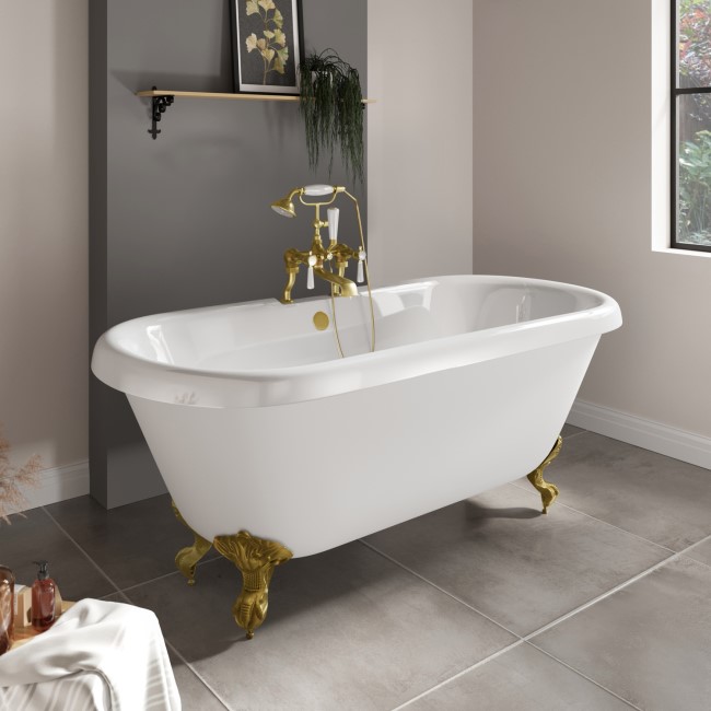 Paintable Freestanding Double Ended Roll Top Bath with Brass Feet 1515 x 740mm - Park Royal