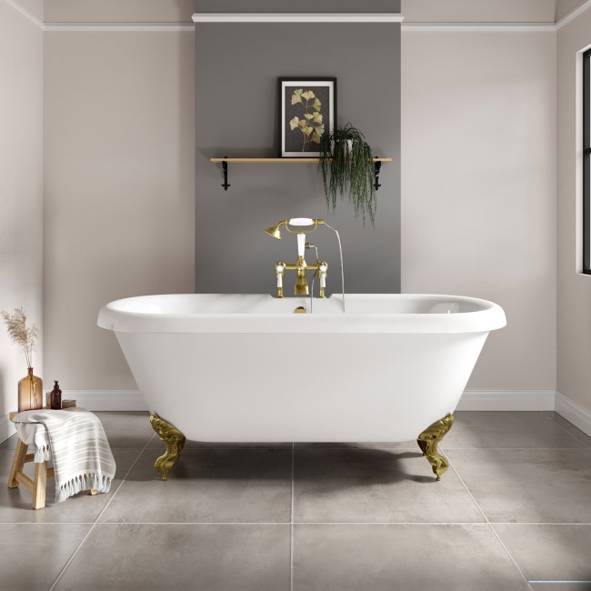 Paintable Freestanding Double Ended Roll Top Bath with Brass Feet 1515 x 740mm - Park Royal