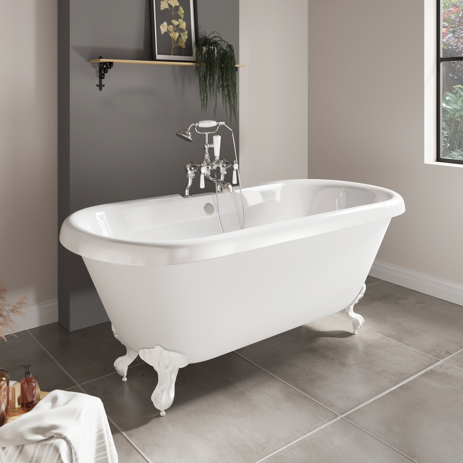 Paintable Freestanding Double Ended Roll Top Bath with White Feet 1515 ...