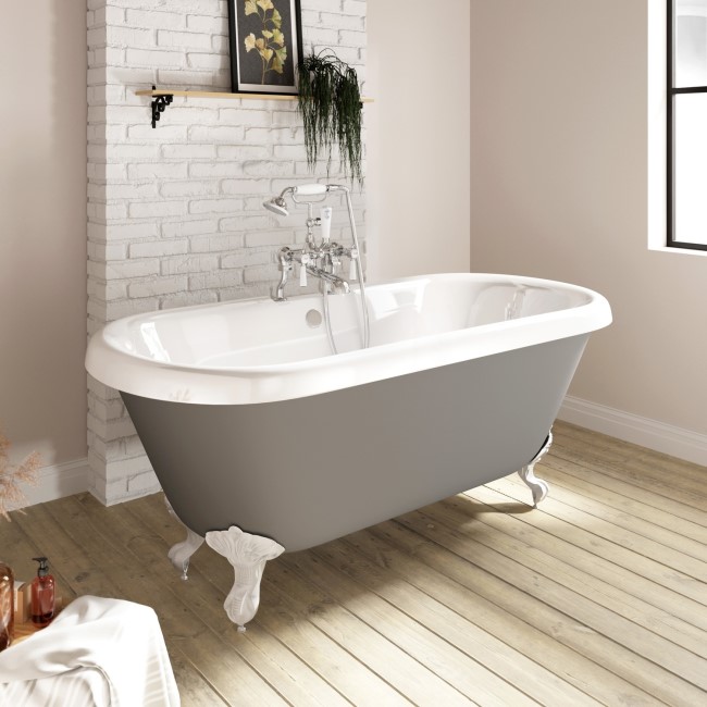 Grey Freestanding Double Ended Roll Top Slipper Bath with White Feet 1515 x 740mm - Park Royal