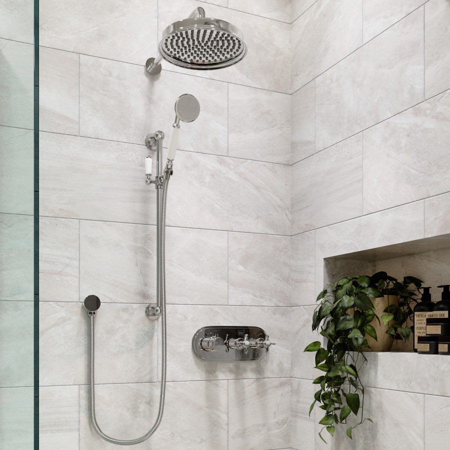 Grade A1 - Chrome Dual Outlet Wall Mounted Thermostatic Mixer Shower Set with Hand Shower - Camden