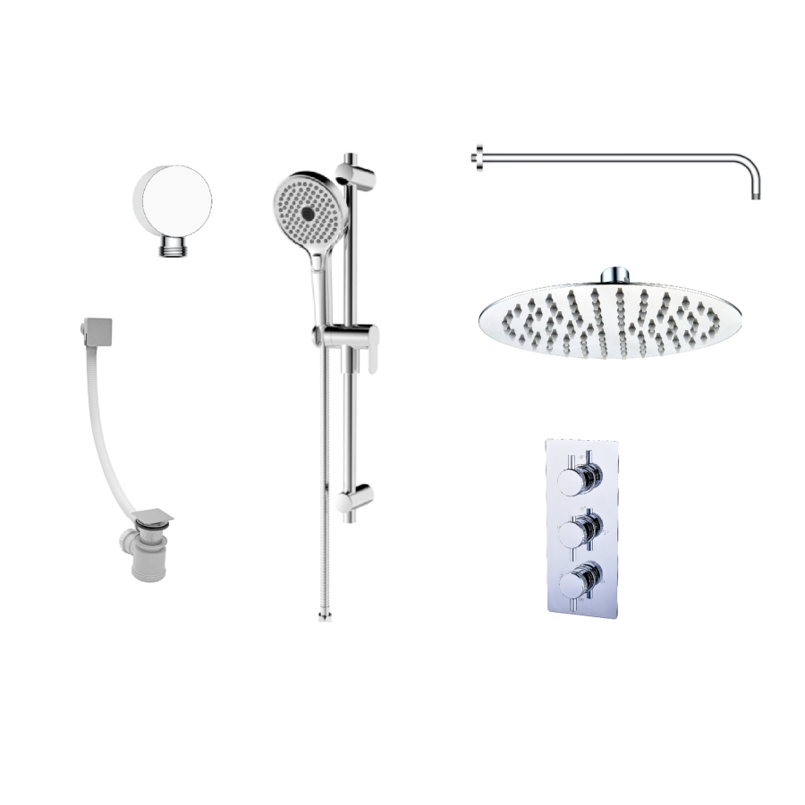 Grade A1 - Axel Triple Outlet Shower Valve Shower Head Wall Arm Slide Rail Kit and Overflow Bath Filler- Triple Handle
