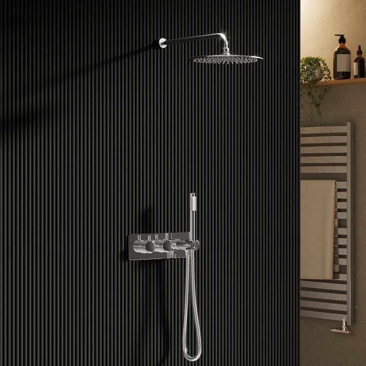 Chrome Dual Outlet Wall Mounted Thermostatic Mixer Shower Set with Hand Shower - Flow