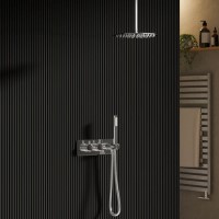 Chrome Dual Outlet Ceiling  Mounted Thermostatic Mixer Shower with Hand Shower - Flow