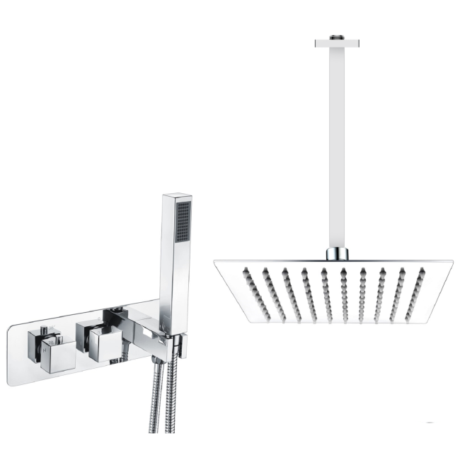 Grade A2 - Chrome Dual Outlet Ceiling Mounted Thermostatic Mixer Shower Set with Hand Shower - Cube