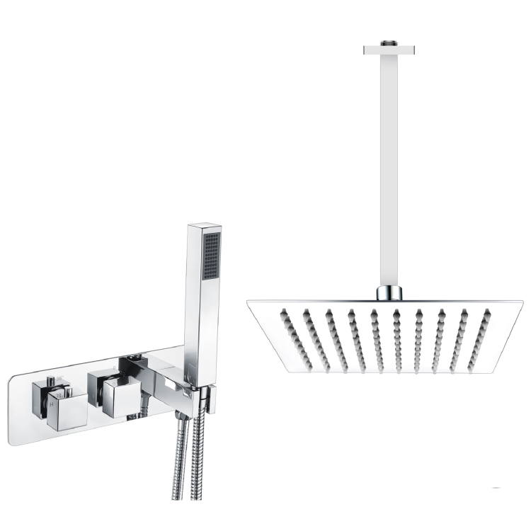 Grade A1 - Chrome Dual Outlet Ceiling Mounted Thermostatic Mixer Shower Set with Hand Shower - Cube