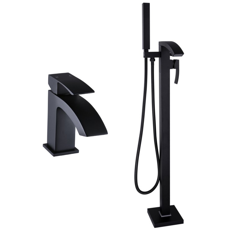 Matt Black Waterfall Freestanding Tap & Basin Tap Pack - Wave