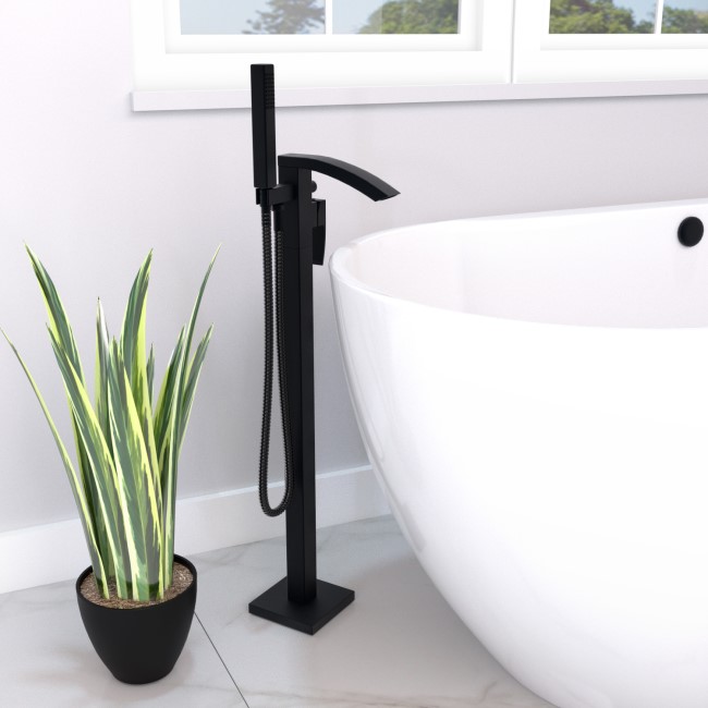 Grade A1 - Matt Black Waterfall Freestanding Tap & Basin Tap Pack - Wave